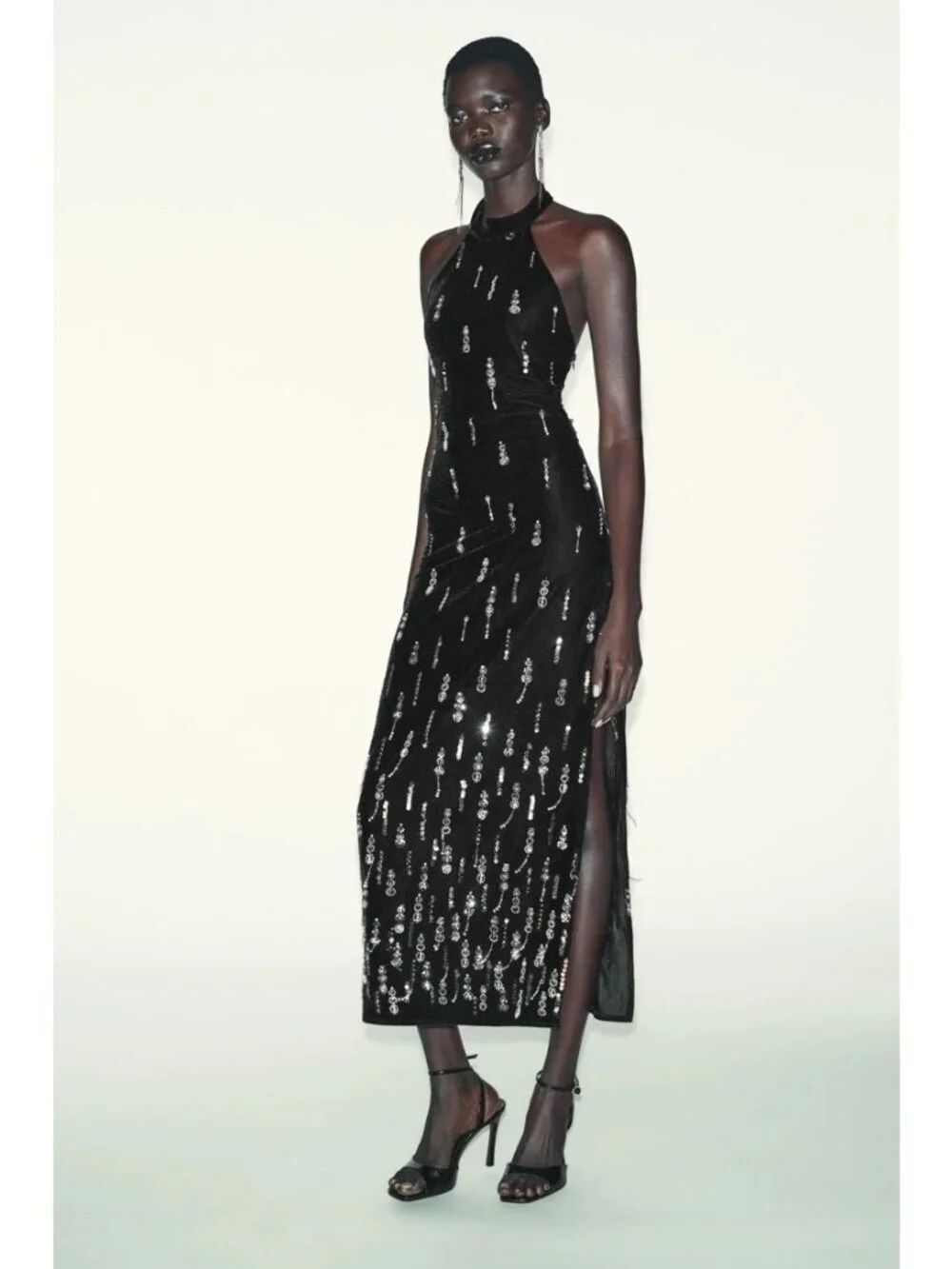 Zara Womens Dress Small Black Velvet Beaded Halter Neck Open Back 2157/247 NWOT